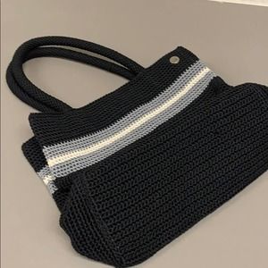 THE SAK Crochet Handbag/Purse Black with Gray and White Stripes